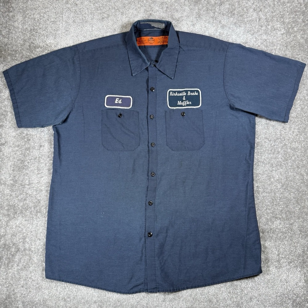 Red Kap Work Shirt Men's XL Blue Short Sleeve Ed Mechanic Muffler Distressed